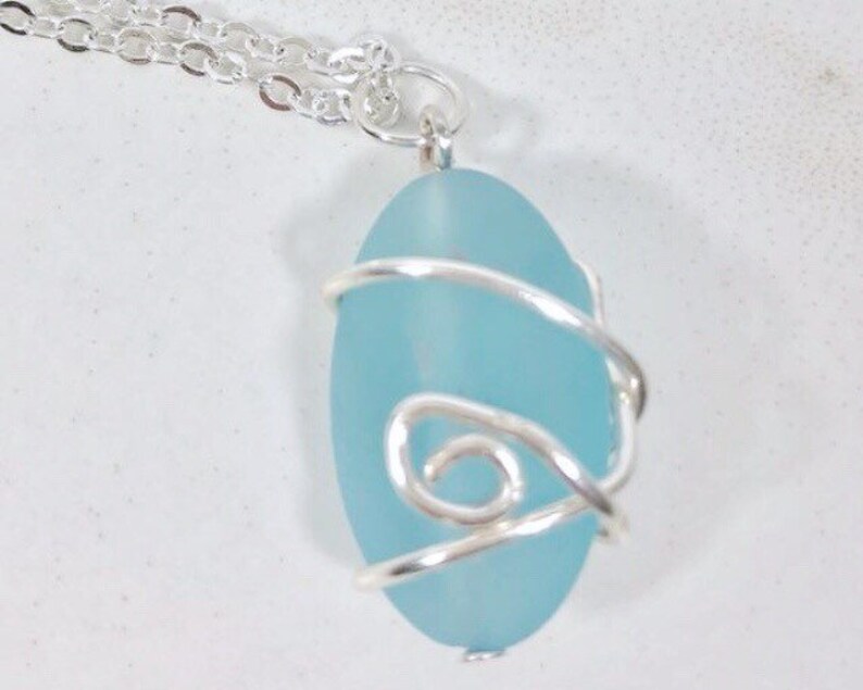 Blue Sea Glass Necklace, Sterling Silver, Wire wrapped sea glass pendant necklace, Sea glass beach wedding jewelry, Gift for her image 3