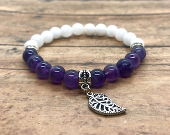Handmade Amethyst and White Jade Crystal Bracelet for Peace