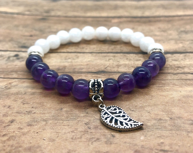 Handmade Amethyst and White Jade Bracelet, Crystal Healing Meditation Jewelry