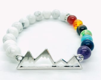 Handmade Chakra Bracelet: White Howlite, Mountain Charm, Healing Jewelry