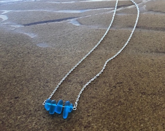Sea Glass Silver Bar Necklace, Aqua Blue