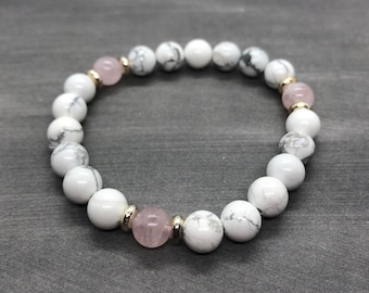 Rose Quartz Bracelet, Anxiety Support Calming Bracelet, White Howlite Bracelet, Spiritual Healing Jewelry, Silver Spacers, Gift for Her