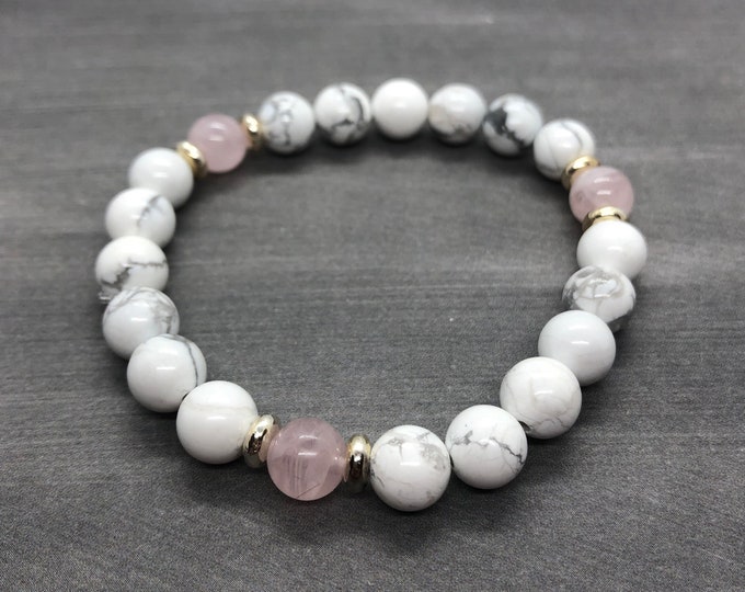 Rose Quartz Bracelet, Anxiety Support Calming Bracelet, White Howlite Bracelet, Spiritual Healing Jewelry, Silver Spacers, Gift for Her