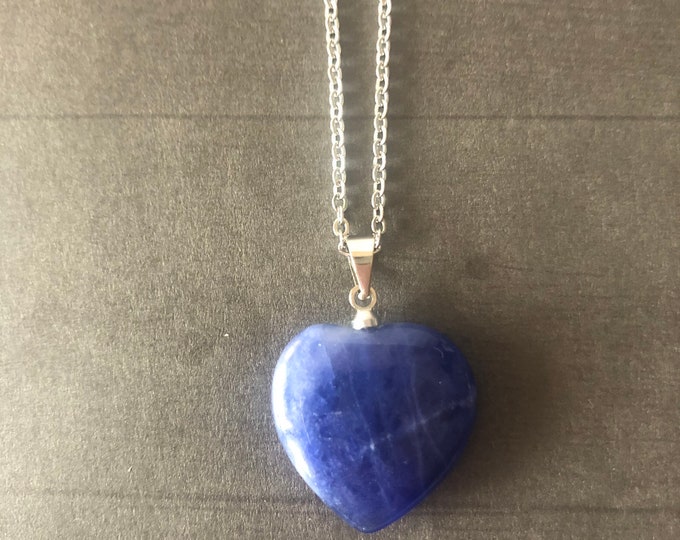 Sodalite Heart Pendant Necklace, Sterling Silver, Healing Gemstone Pendant, Natural Stone Jewelry, Gift for Valentines Day