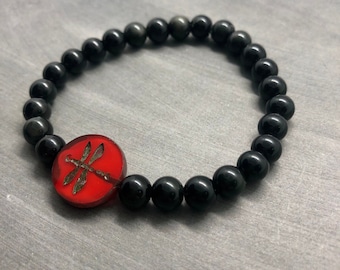 Handmade Obsidian Dragonfly Charm Bracelet - Healing Gemstone Jewelry, 6mm or 8mm