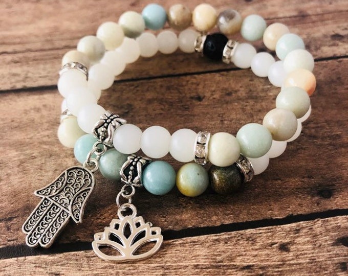 Amazonite and Frosted Quartz Crystal Balance Diffuser Bracelet Set