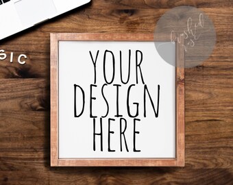 Download Free Wooden sign mock up, farmhouse mock-up, sign on desk jpg, wood frame mockup,square sign PSD Template
