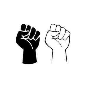 May include: Two raised fists, one black and one white, symbolizing unity and strength.