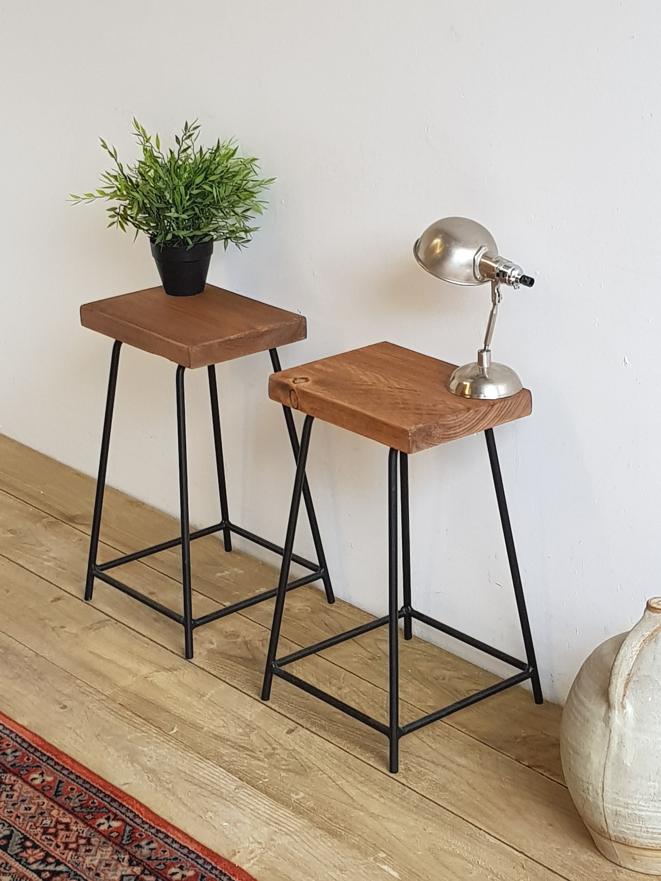 Bedside Tables / Side Tables / Set of Two Solid Wood Steel Etsy UK