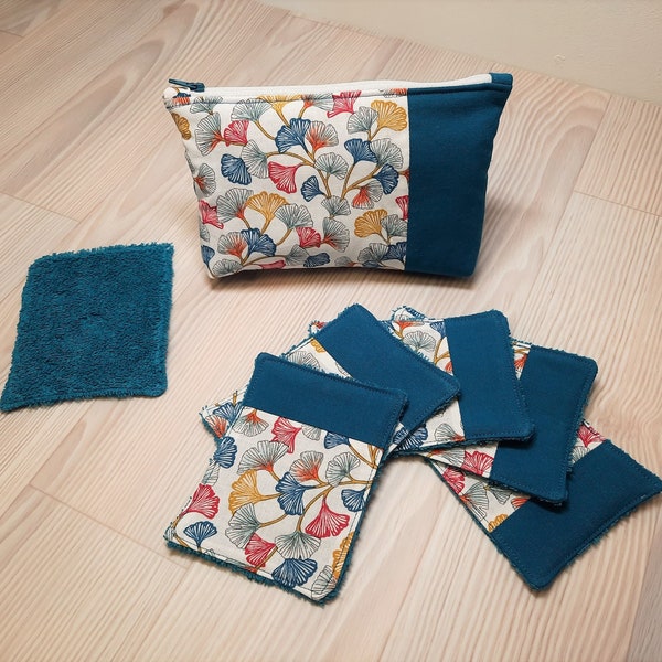 Trousse matelassée bleue canard japonisante et ses 6 lingettes assorties