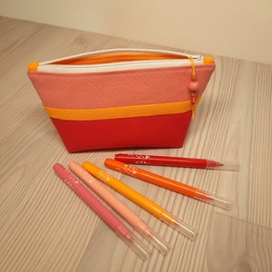 Tricolor red, mandarin and coral pencil case, La Fée du Lac model