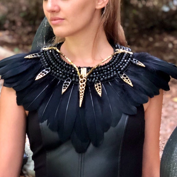 Handmade,Feathered,Element inspired,Statement necklace, Wearable art piece/ Goddess of the Darkness