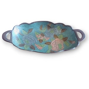 Vintage Floral Enamel Trinket Dish with Handles from India 9.5&quot; x 5&quot;
