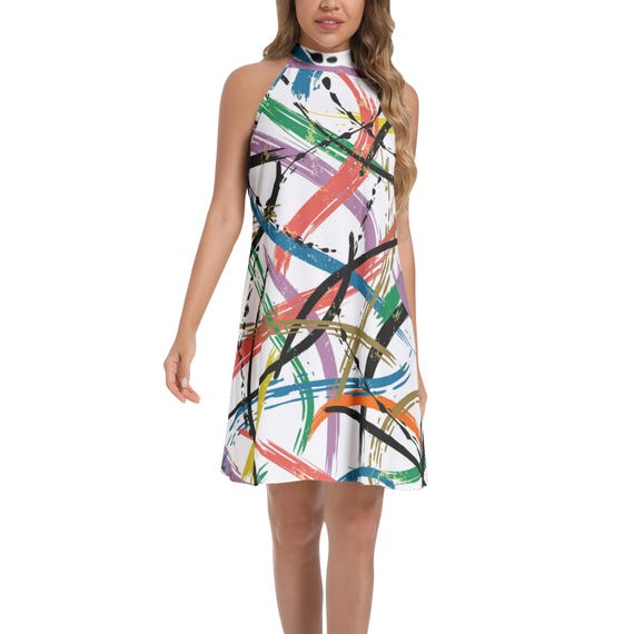 LUMLifeArt Rainbow Stripes Tie Back Halter Neck Flared Dress