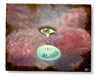 May include: A painting of a blue eye crying a teardrop that forms a blue orb with the word "ALONE" written on it. The background is a dark purple and black galaxy with white stars.