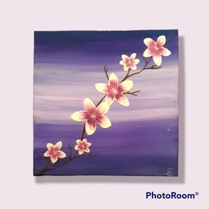 Medium 14 in x 14 in Purple and Pink Sakura or Cherry Blossom Branch Acrylic Painting on Canvas Wall Decor