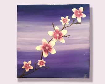 Medium 14 in x 14 in Purple and Pink Sakura or Cherry Blossom Branch Acrylic Painting on Canvas Wall Decor