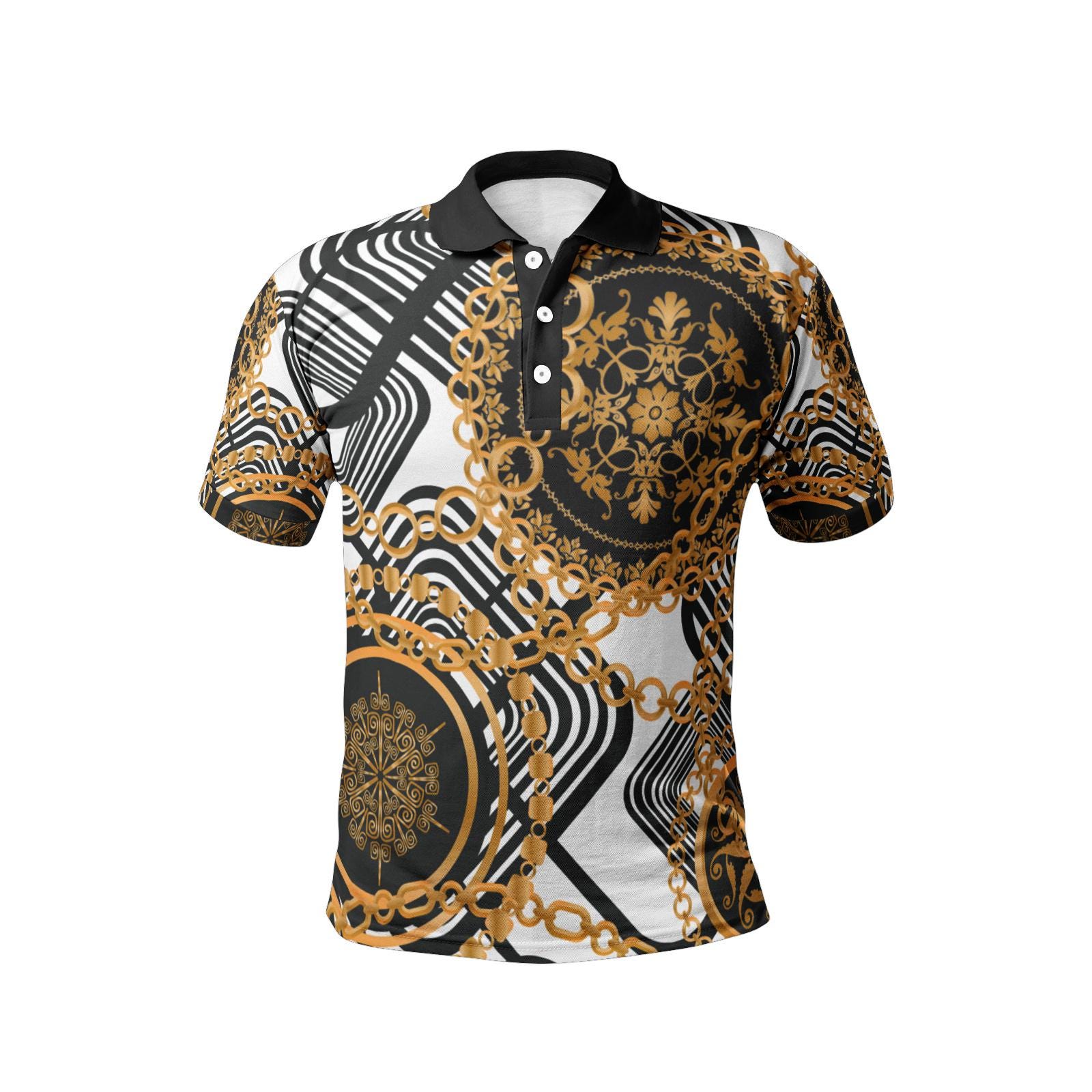 LUMLifeArt Men's Black and Gold All-Over-Print Polo Dress Shirts