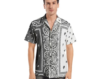 LUMLifeArt Schwarz-Weiß-Paisley-Bandana Herren-Kurzarmhemden mit All-Over-Print