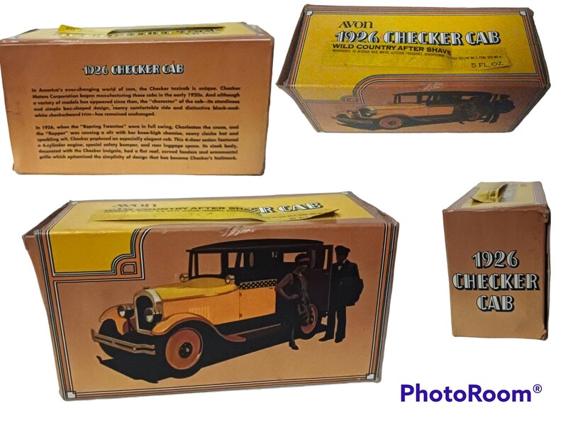 May include: A yellow and brown cardboard box featuring a vintage Checker Cab taxi on the front. The box is labelled "1926 Checker Cab" and "Wild Country After Shave".
