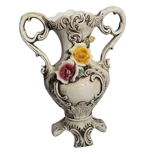 Vintage Large Footed 17&quot; Ornate Tipo Capodimonte Vase with Handles Made in Italy