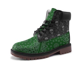 LUMLifeArt Green and Black Skull Bandana Premium Lightweight Leather Chukka Boots