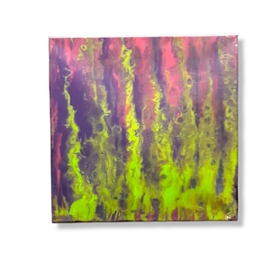 Medium 14 in x 14 in Green and Purple Abstract Flames Black Light Painting on Canvas, Glows in Dark and Black Light