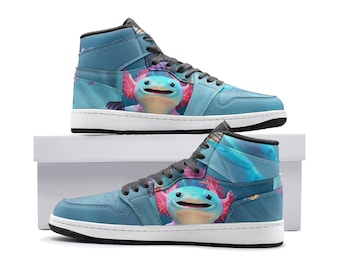OOAK Blue Unisex High Top Axolotl Sneakers with Black Laces, Various Sizes