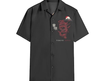 LUMLifeArt Men's Black and Red Japanese Dragon Short Sleeve Button Up Shirt