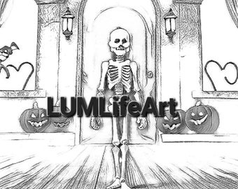 Children's Halloween Skeleton Downloadable Coloring Page by LUMLifeArt