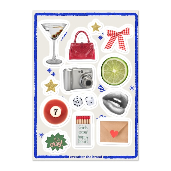 Happy Hour Sticker Sheet / Junk Journaling & Scrapbook Supplies / Cool Girl Pinterest Stickers / Travel Inspired Planner Stickers