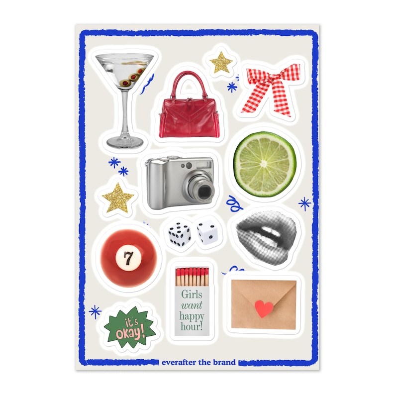 Happy Hour Sticker Sheet / Aesthetic Bullet Journal & Scrapbook Decor for 2024 Resolutions / Travel Inspired Planner Stickers