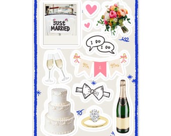 May include: A set of wedding-themed stickers featuring a car with a "Just Married" sign, champagne flutes, a wedding cake, a bouquet of flowers, a ring, a bottle of champagne, and a bow. The stickers are on a white background with a blue border.