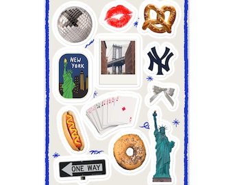 May include: A sheet of stickers featuring various New York City themed designs, including a disco ball, a pretzel, a red lip, a hot dog, a bagel, a playing card, a one-way sign, the Statue of Liberty, the Brooklyn Bridge, and the New York Yankees logo.