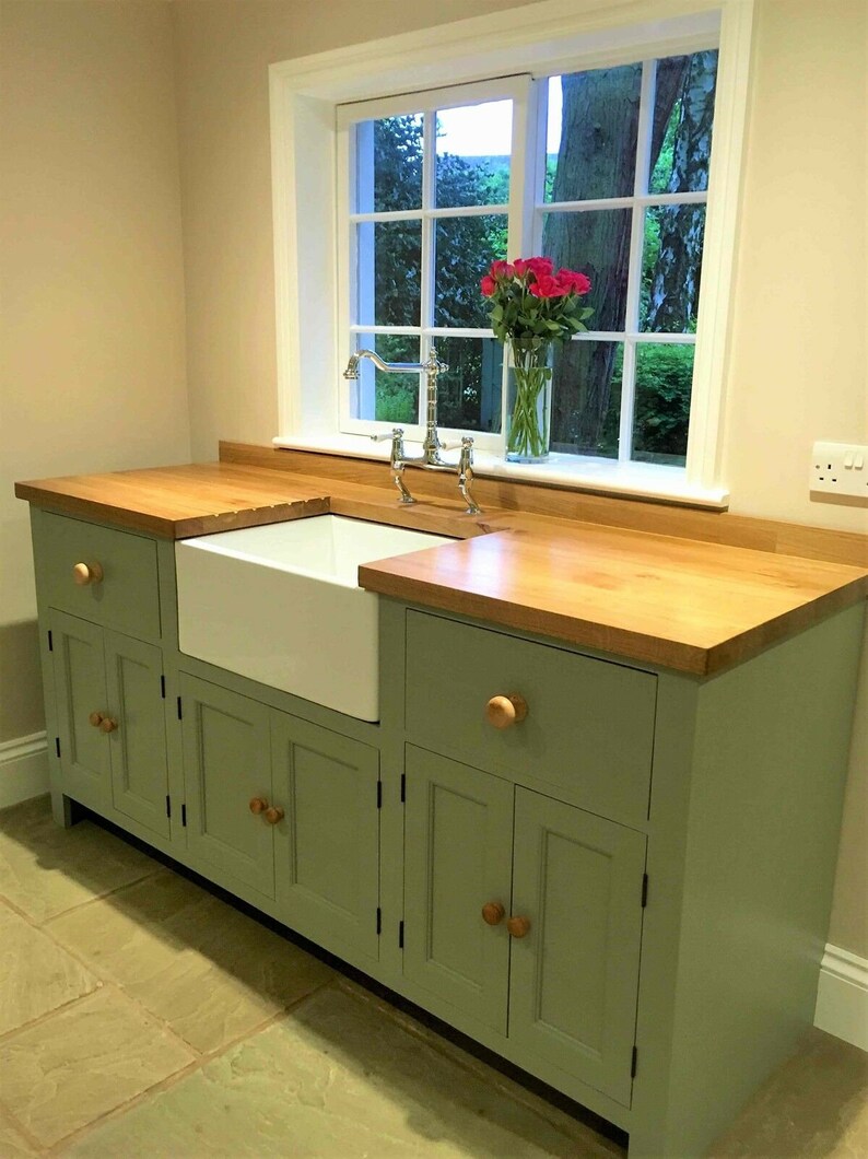 Free Standing Belfast Sink Unit With Rustic Oak Worktop Includes Sink And Taps