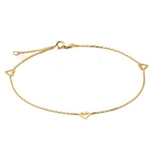 LoveBling 10K Yellow Gold .50mm Diamond Cut Rolo Chain with 3 Heart pendants Anklet Adjustable 9&quot; to 10&quot; (#2)