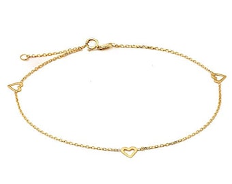 LoveBling 10K Yellow Gold .50mm Diamond Cut Rolo Chain with 3 Heart pendants Anklet Adjustable 9" to 10" (#2)