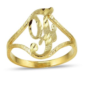 May include: A gold ring with a cursive letter 'F' design. The ring is made of solid gold and has a diamond-cut finish.