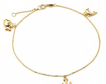 LOVEBLING 10K Yellow Gold .50mm Diamond Cut Rolo Chain w/Dolphin, Anchor, Fish pendants Anklet Adjustable 9" to 10" (#21)
