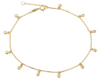 LOVEBLING 10K Yellow Gold .50mm Diamond Cut Rolo Chain with 11 CZ Stone pendants Anklet Adjustable 9" to 10" (#17)