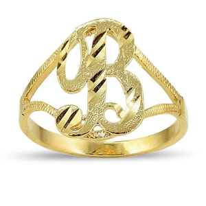 May include: A gold ring with a diamond-cut letter 'B' design. The ring is made of 10k gold and has a polished finish.