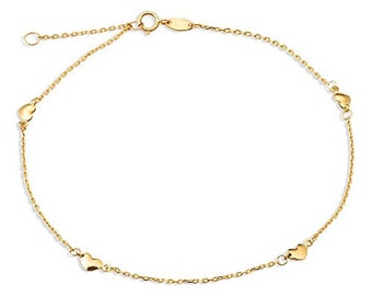 Real 10K Yellow Gold .50mm Diamond Cut Rolo Chain with 4 Heart pendants Anklet Adjustable 9" to 10" (#16)