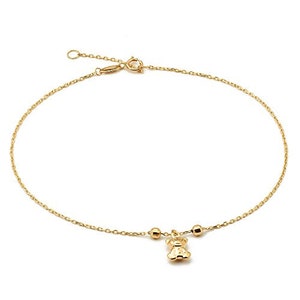 LOVEBLING 10K Yellow Gold .50mm Diamond Cut Rolo Chain w/Teddy Bear Charm Anklet Adjustable 9&quot; to 10&quot; (#9)