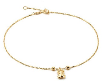 LOVEBLING 10K Yellow Gold .50mm Diamond Cut Rolo Chain w/Teddy Bear Charm Anklet Adjustable 9" to 10" (#9)