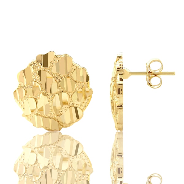 Men's Real 10K Yellow Gold Round Diamond Cut Nugget Stud Earrings with
