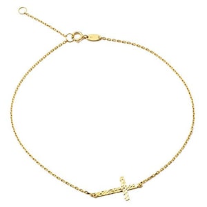 LOVEBLING 10K Yellow Gold .5mm Rolo Chain with Diamond Cut Cross Charm Anklet Adjustable 9&quot; to 10&quot; (#46)