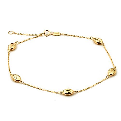 Real 10K Yellow Gold .50mm Diamond Cut Rolo Chain with 5 Oval Bead pendants Anklet Adjustable 9