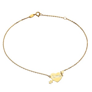 LoveBling 10k .5mm Heart & Arrow w/ Love Engraving Charm Anklet Adjustable from 9&quot; to 10&quot; (#87)