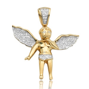 LOVEBLING 10K Yellow Gold 0.20 Carats (ctw) Diamond Angel Pendant (1.31&quot; x 1.16&quot;)