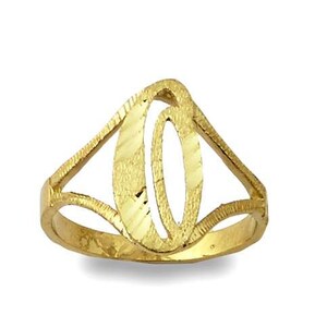 May include: A gold ring with a diamond-cut finish featuring the letter "O" in a stylized font.